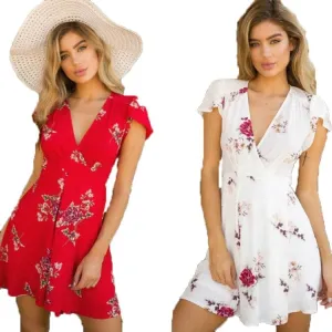 2022 Spring And Summer Chiffon Printed V Neck Casual Dress