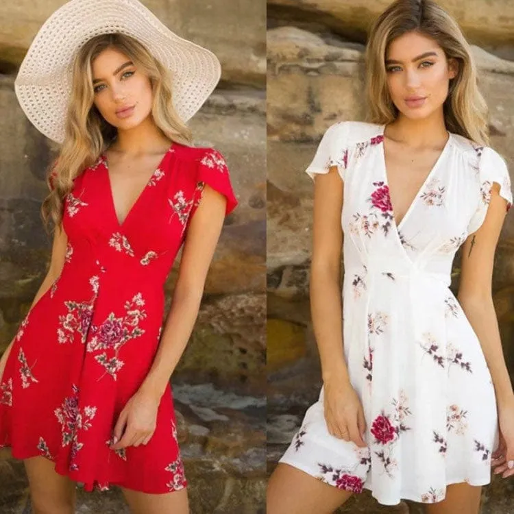2022 Spring And Summer Chiffon Printed V Neck Casual Dress