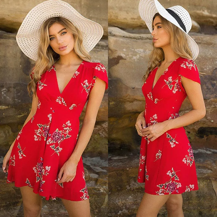 2022 Spring And Summer Chiffon Printed V Neck Casual Dress