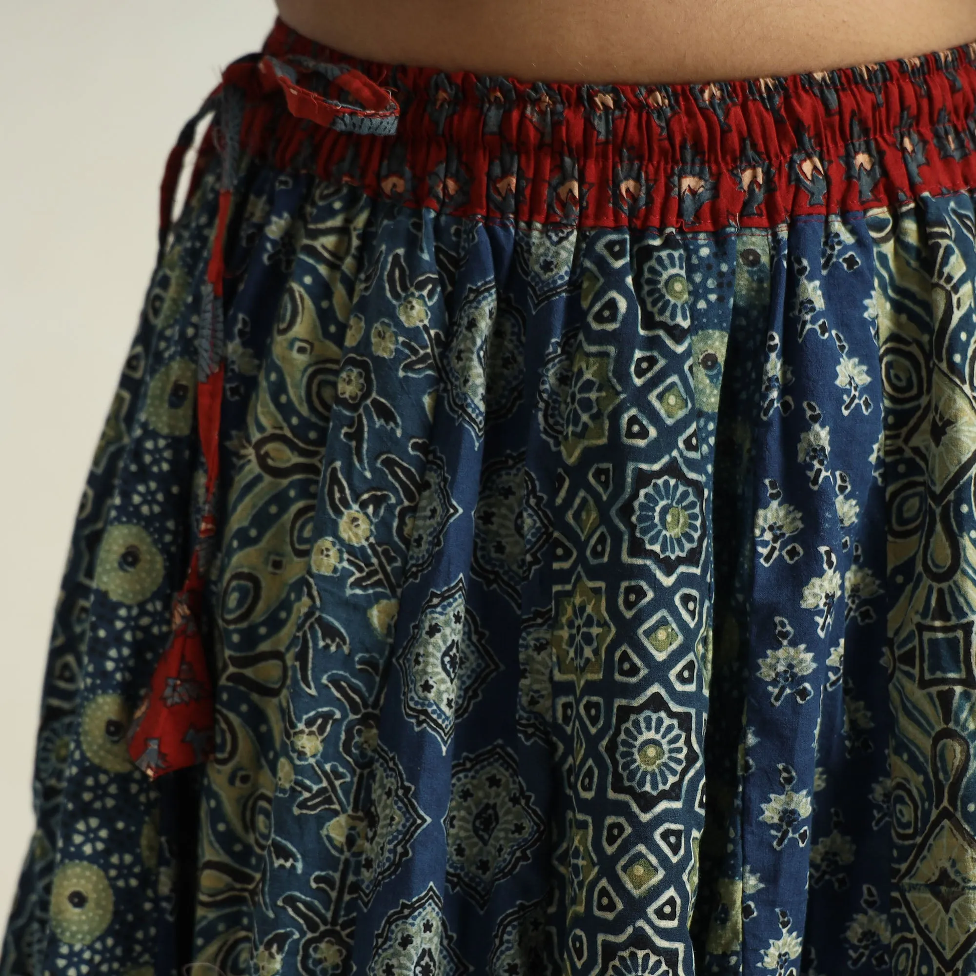 Blue - Ajrakh Block Printed 24 Kali Patchwork Cotton Long Skirt 03