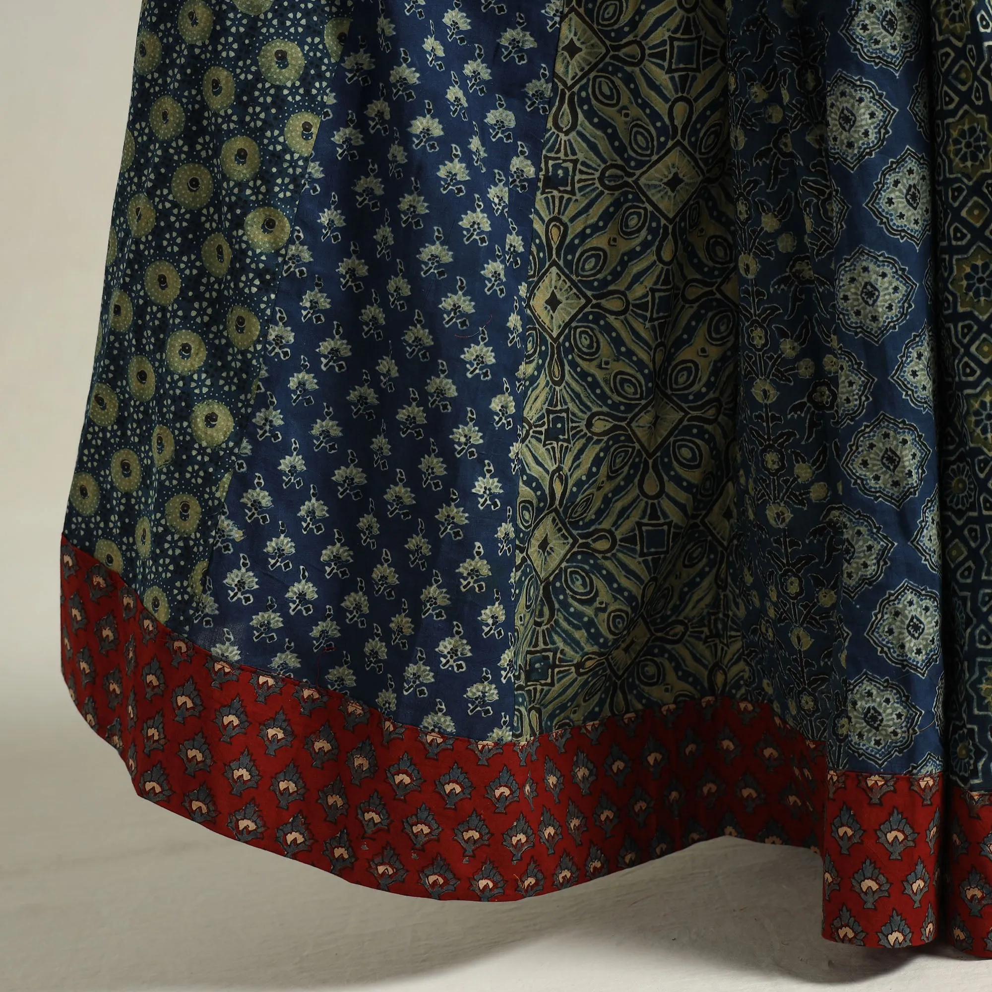 Blue - Ajrakh Block Printed 24 Kali Patchwork Cotton Long Skirt 03
