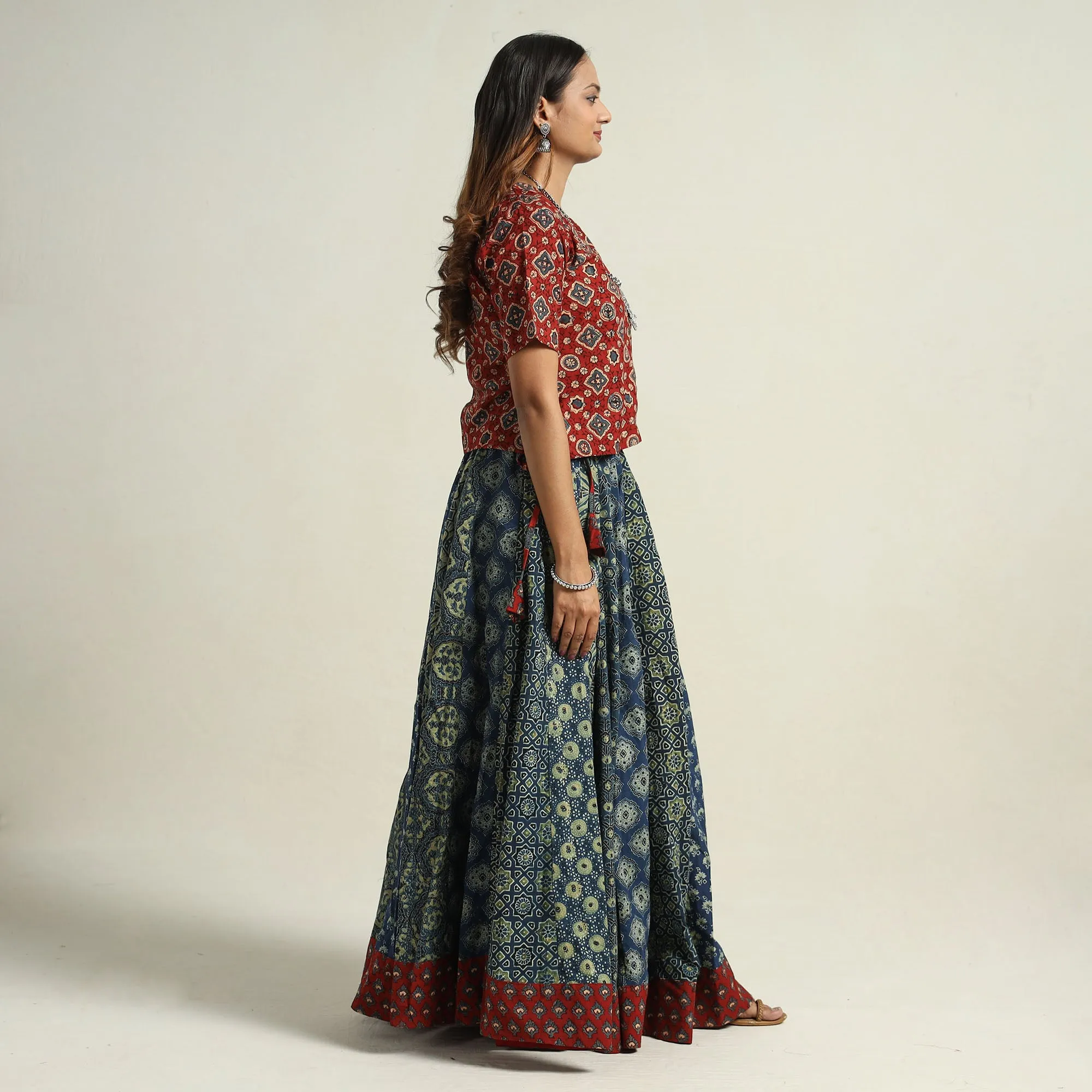 Blue - Ajrakh Block Printed 24 Kali Patchwork Cotton Long Skirt 03
