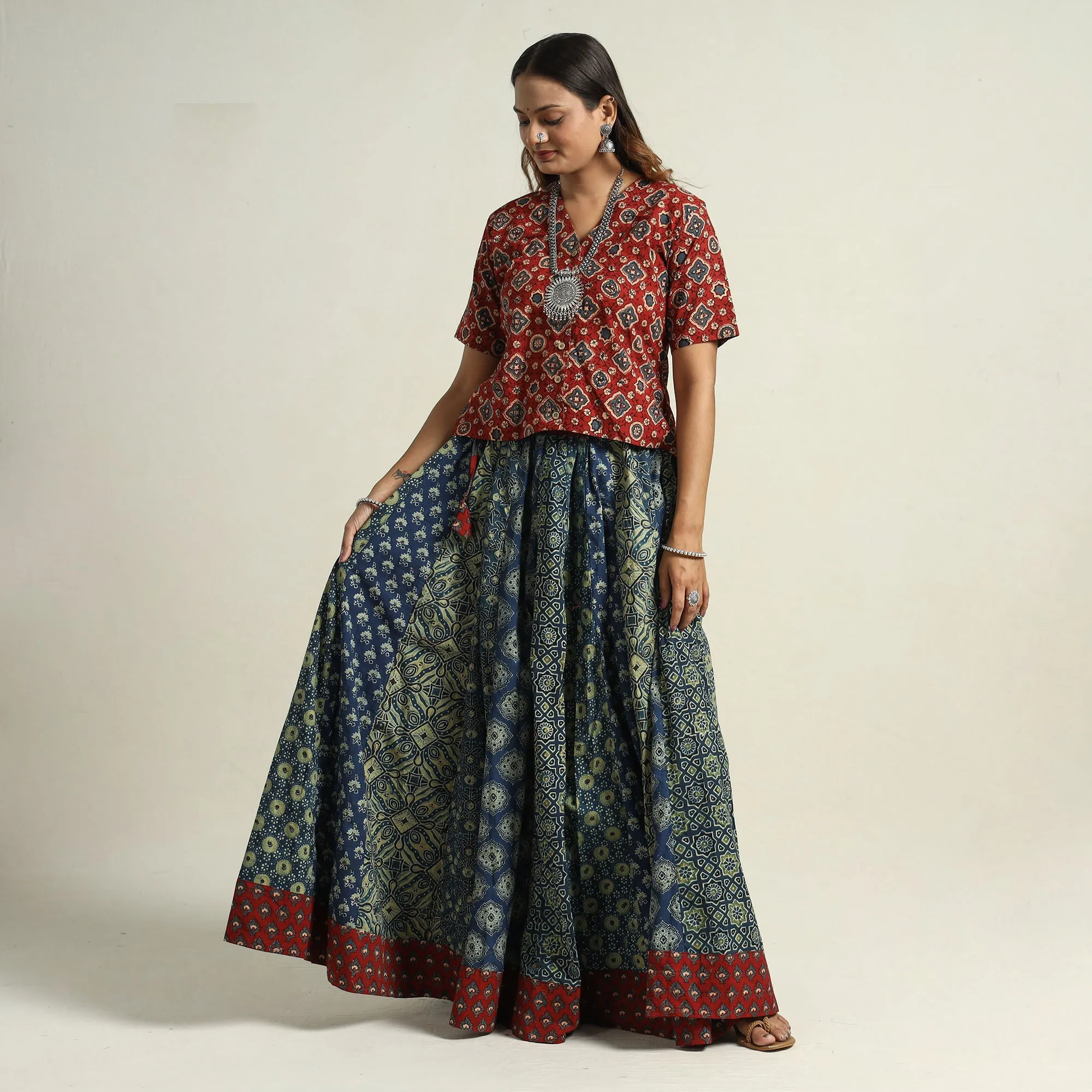 Blue - Ajrakh Block Printed 24 Kali Patchwork Cotton Long Skirt 03