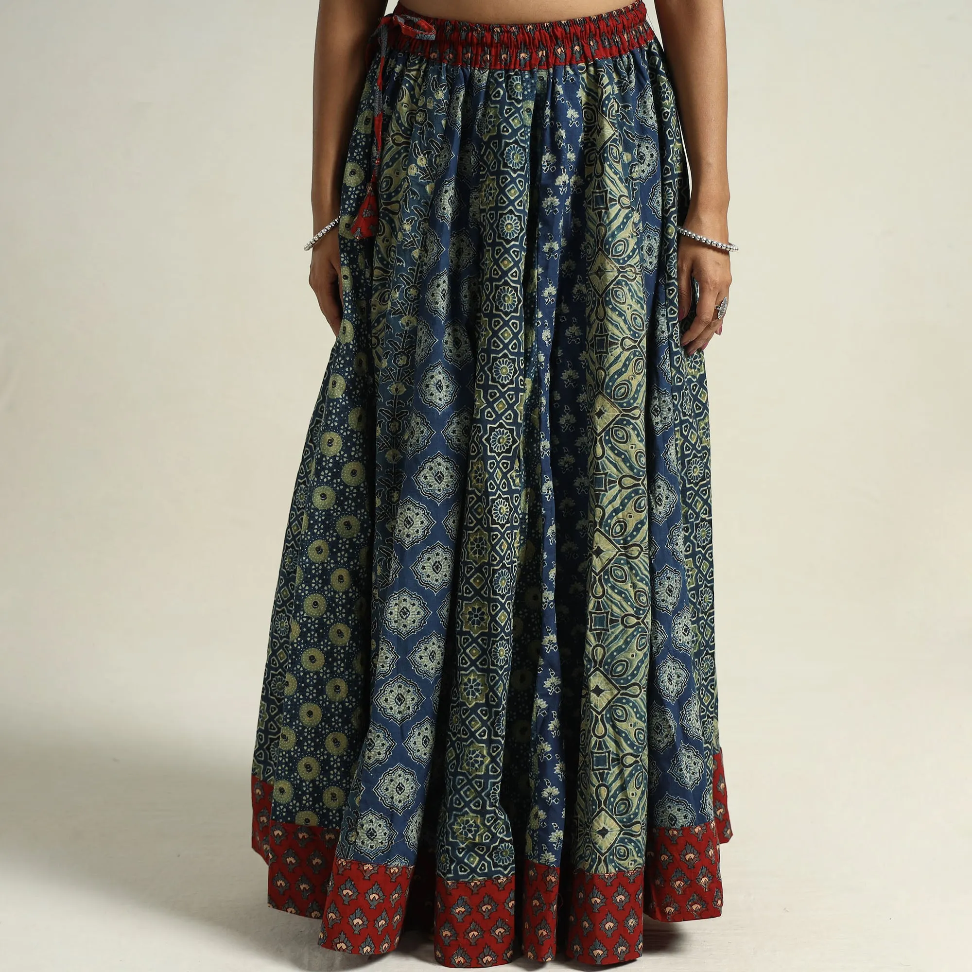 Blue - Ajrakh Block Printed 24 Kali Patchwork Cotton Long Skirt 03