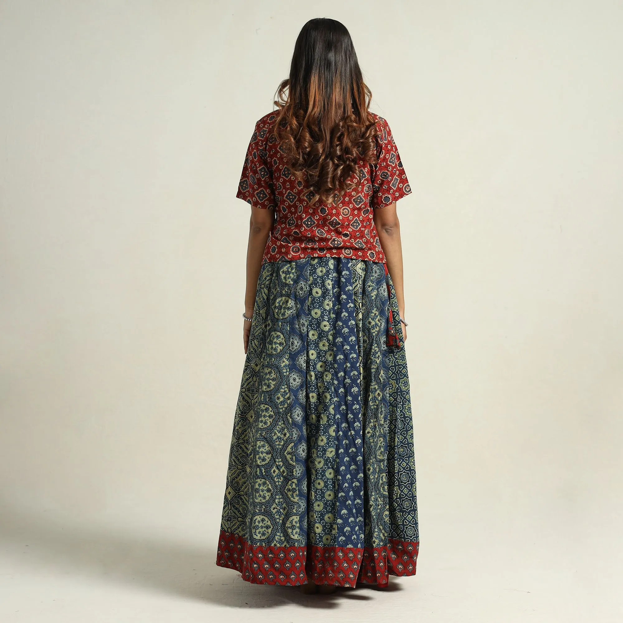Blue - Ajrakh Block Printed 24 Kali Patchwork Cotton Long Skirt 03