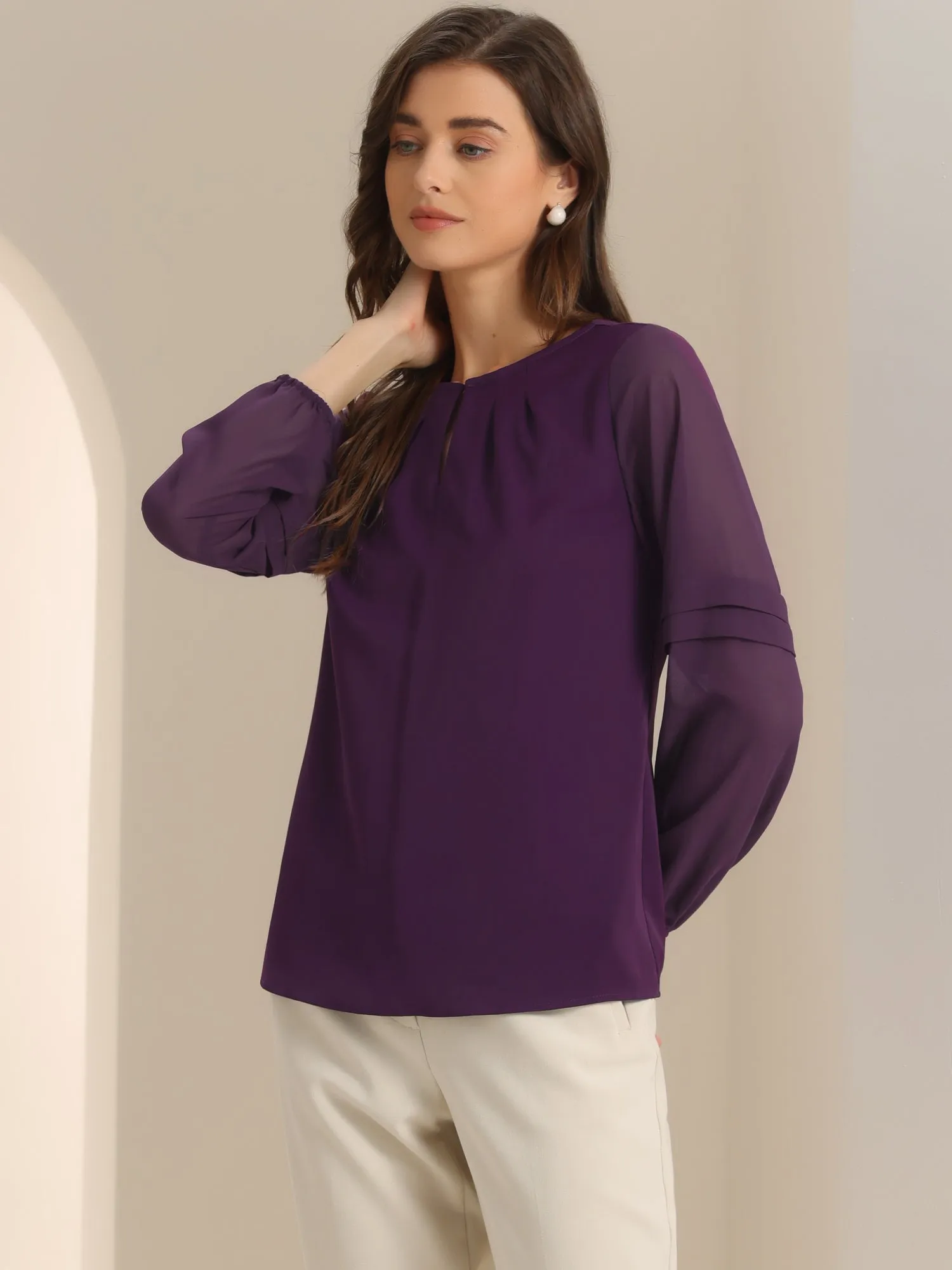 Chiffon Shirt Semi Sheer Keyhole Neck Elegant Blouse