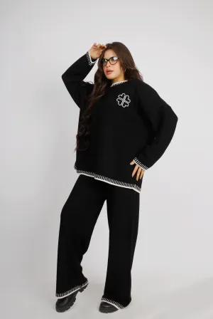 Cozy Knitwear Set With Intricate Edge Design - Black