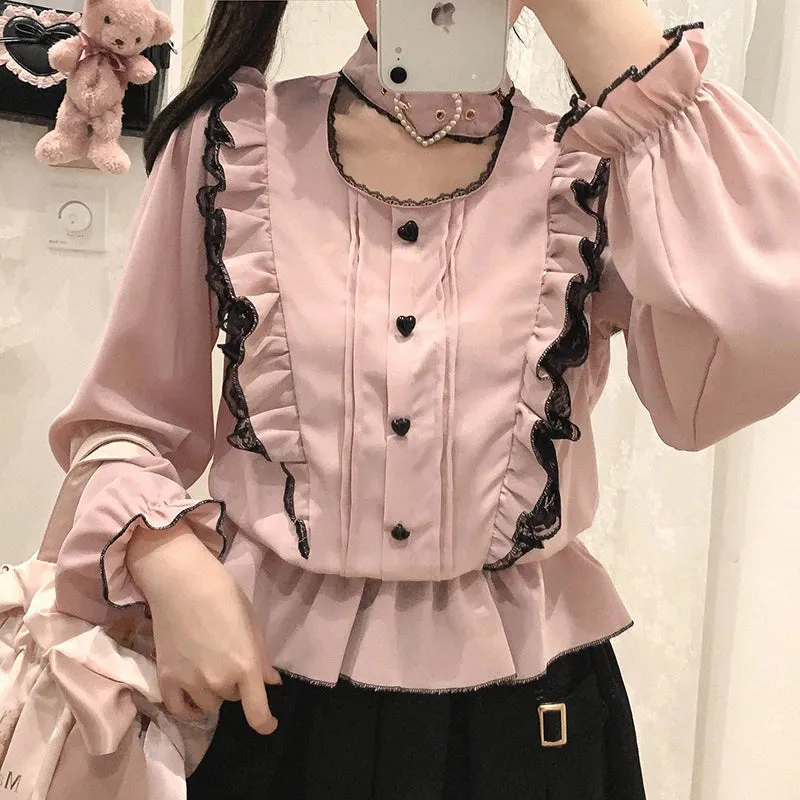 Cute Jirai Japanese Style Blouse Elegant Long Sleeve Sweet Top