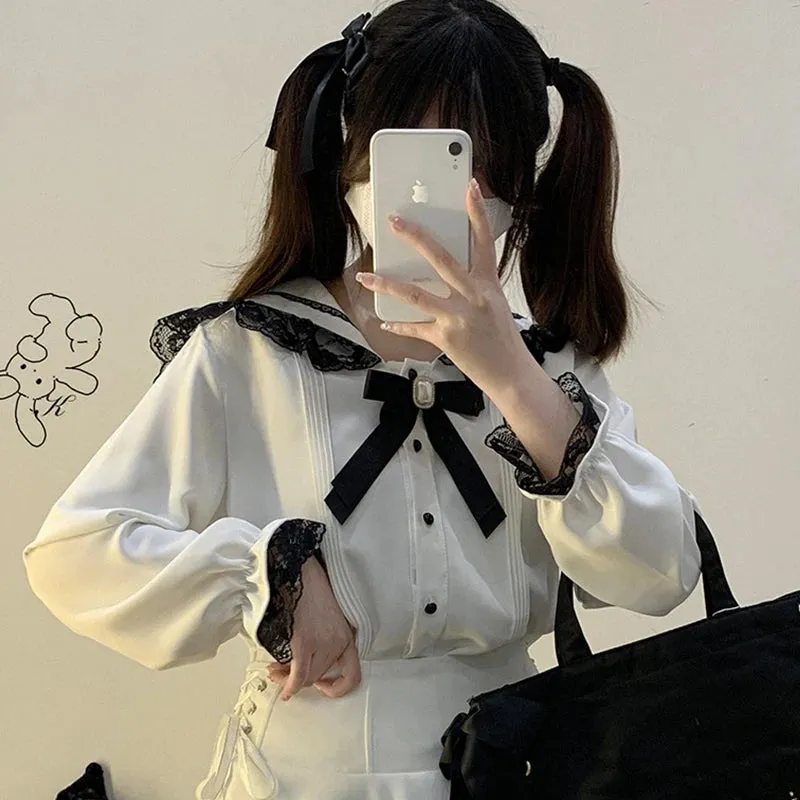 Cute Jirai Japanese Style Blouse Elegant Long Sleeve Sweet Top