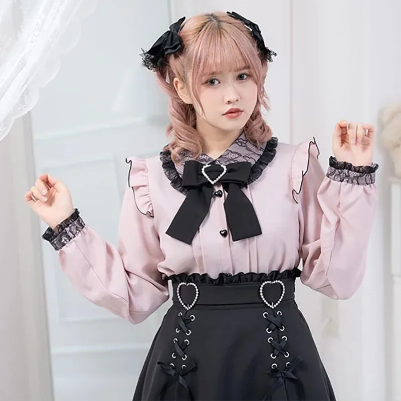 Cute Jirai Japanese Style Blouse Elegant Long Sleeve Sweet Top