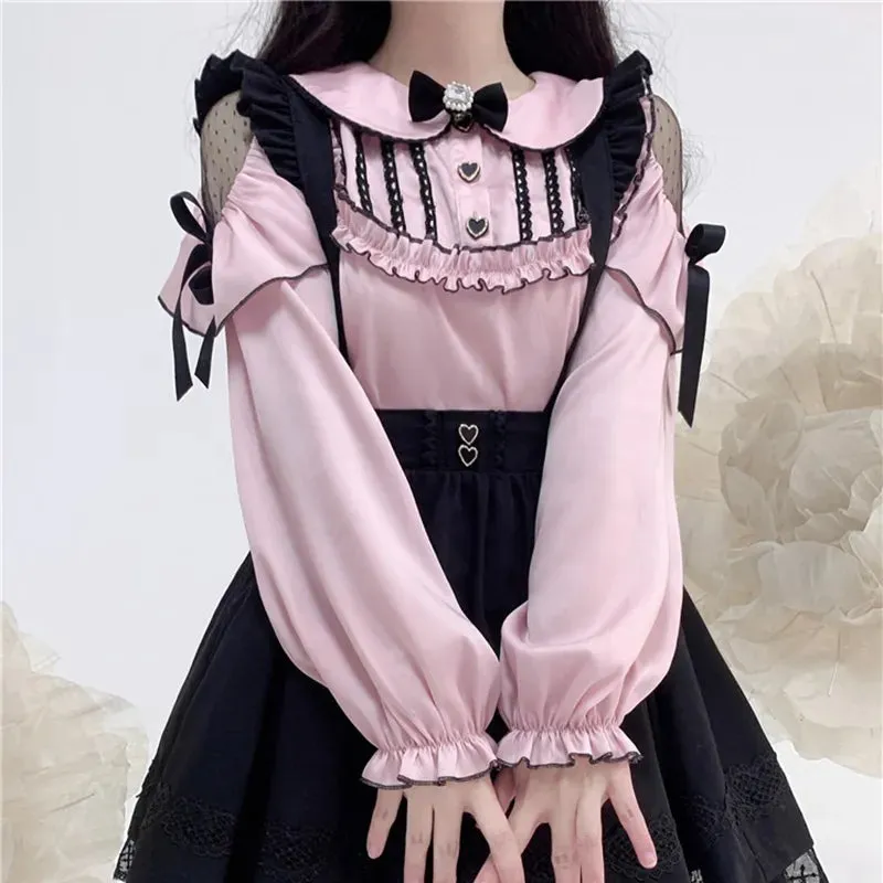 Cute Jirai Japanese Style Blouse Elegant Long Sleeve Sweet Top