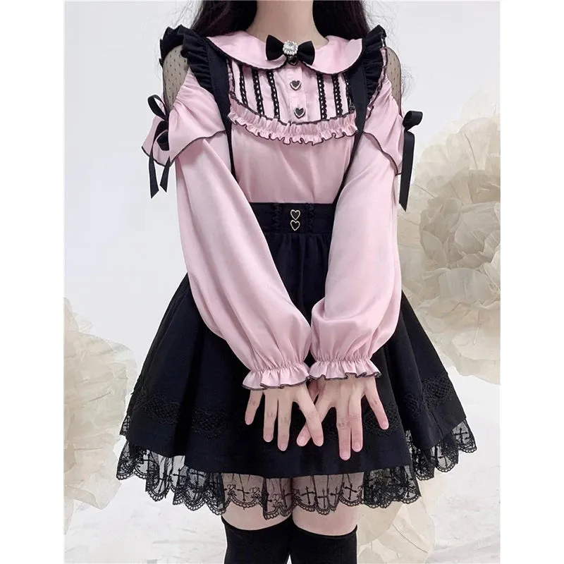 Cute Jirai Japanese Style Blouse Elegant Long Sleeve Sweet Top