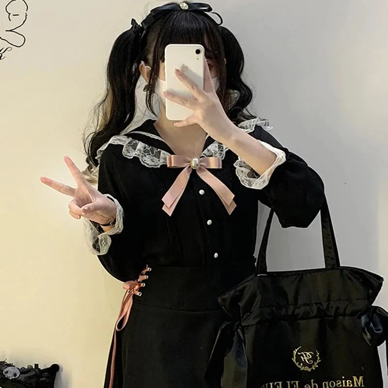 Cute Jirai Japanese Style Blouse Elegant Long Sleeve Sweet Top