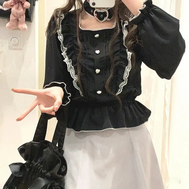 Cute Jirai Japanese Style Blouse Elegant Long Sleeve Sweet Top
