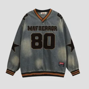 Denim Varsity Sweatshirt Retro Style