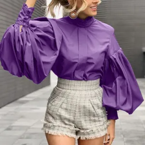 Fashion Women Big Lantern Sleeve Blouses Elegant Office Blusas Autumn Stand Collar Work Casual Solid Vintage Tops