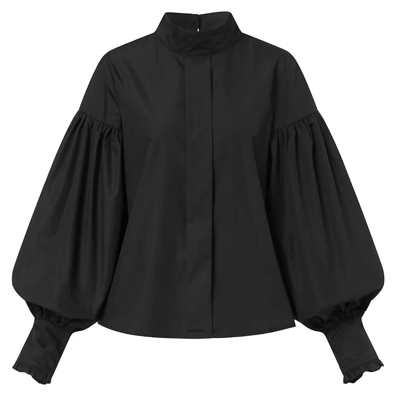 Fashion Women Big Lantern Sleeve Blouses Elegant Office Blusas Autumn Stand Collar Work Casual Solid Vintage Tops