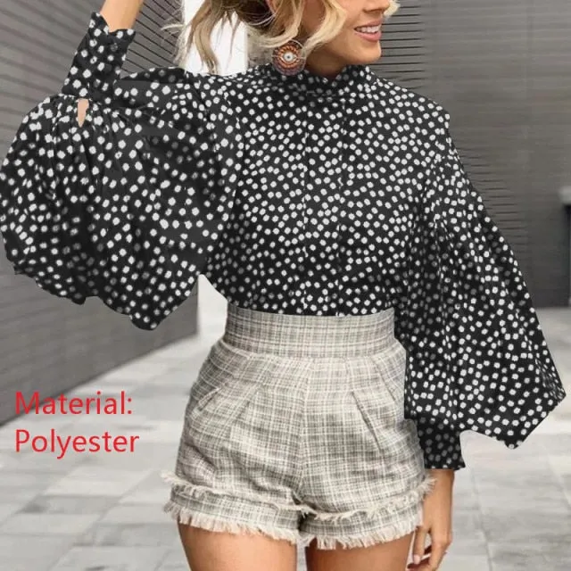 Fashion Women Big Lantern Sleeve Blouses Elegant Office Blusas Autumn Stand Collar Work Casual Solid Vintage Tops