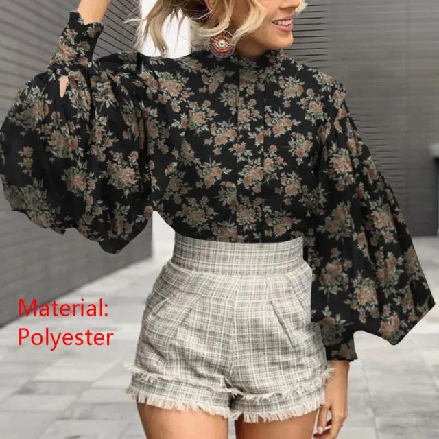 Fashion Women Big Lantern Sleeve Blouses Elegant Office Blusas Autumn Stand Collar Work Casual Solid Vintage Tops