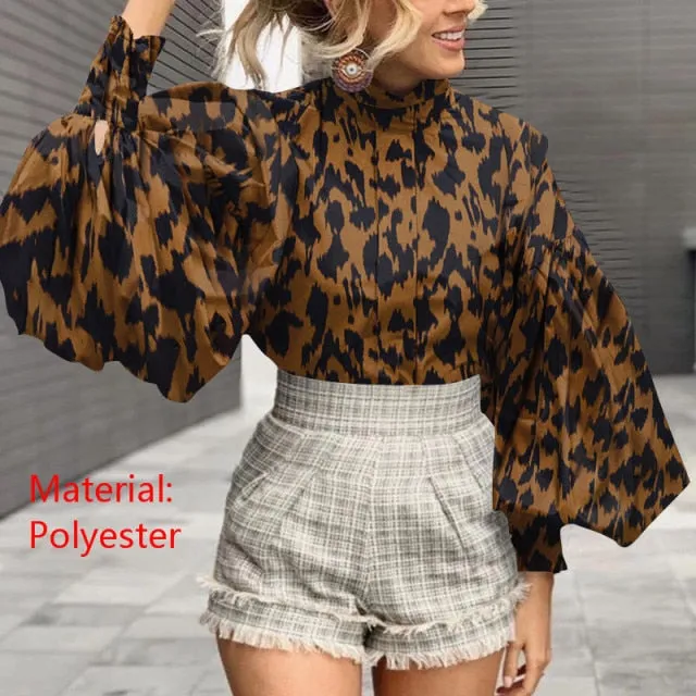Fashion Women Big Lantern Sleeve Blouses Elegant Office Blusas Autumn Stand Collar Work Casual Solid Vintage Tops