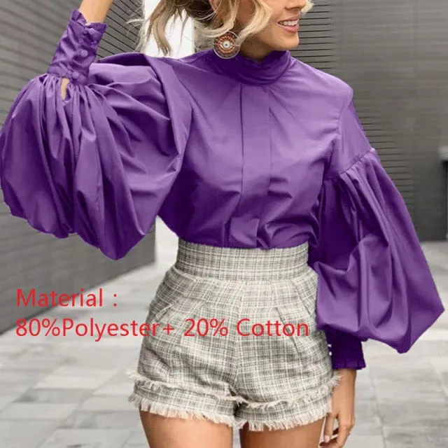 Fashion Women Big Lantern Sleeve Blouses Elegant Office Blusas Autumn Stand Collar Work Casual Solid Vintage Tops
