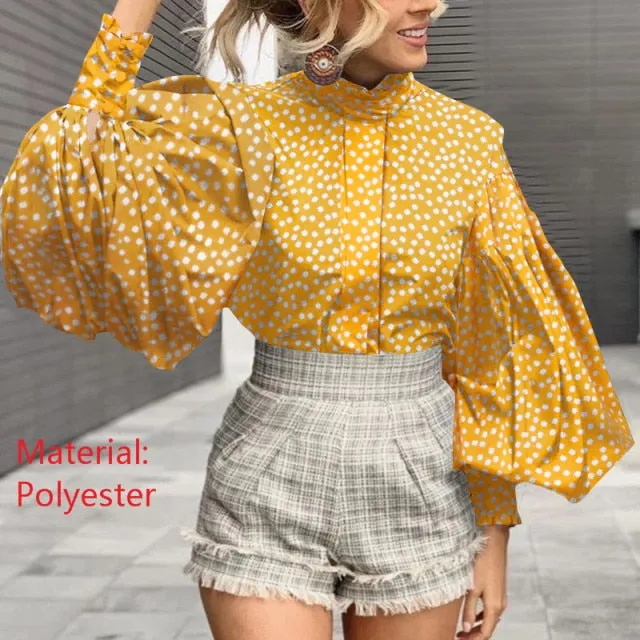 Fashion Women Big Lantern Sleeve Blouses Elegant Office Blusas Autumn Stand Collar Work Casual Solid Vintage Tops