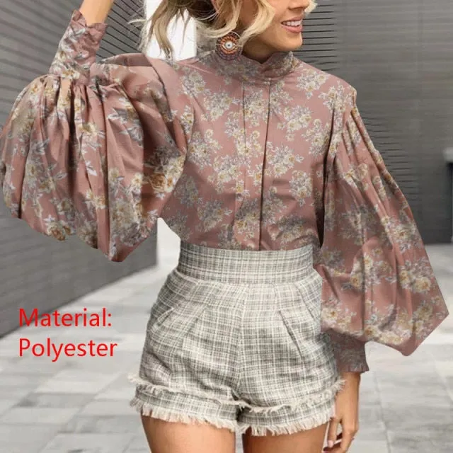 Fashion Women Big Lantern Sleeve Blouses Elegant Office Blusas Autumn Stand Collar Work Casual Solid Vintage Tops