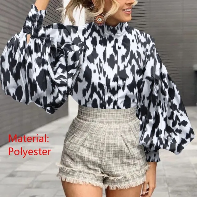 Fashion Women Big Lantern Sleeve Blouses Elegant Office Blusas Autumn Stand Collar Work Casual Solid Vintage Tops