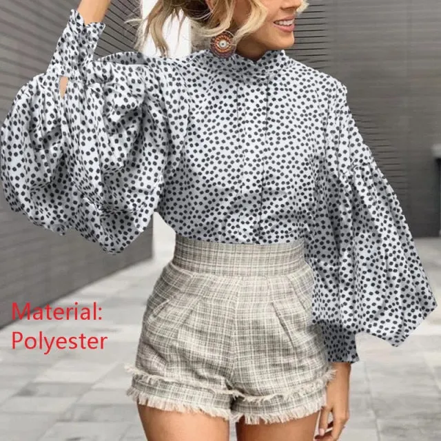 Fashion Women Big Lantern Sleeve Blouses Elegant Office Blusas Autumn Stand Collar Work Casual Solid Vintage Tops