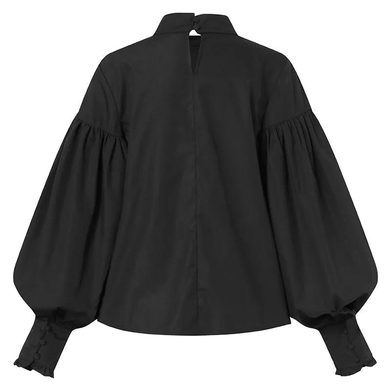 Fashion Women Big Lantern Sleeve Blouses Elegant Office Blusas Autumn Stand Collar Work Casual Solid Vintage Tops
