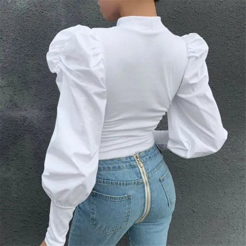 Fashionkova  Hirigin OL Women Ladies Long Puff Sleeve Blouse Spring Fall Fashion Elegant Shirts Top Solid Color Female Mujeres Blusas Camisas