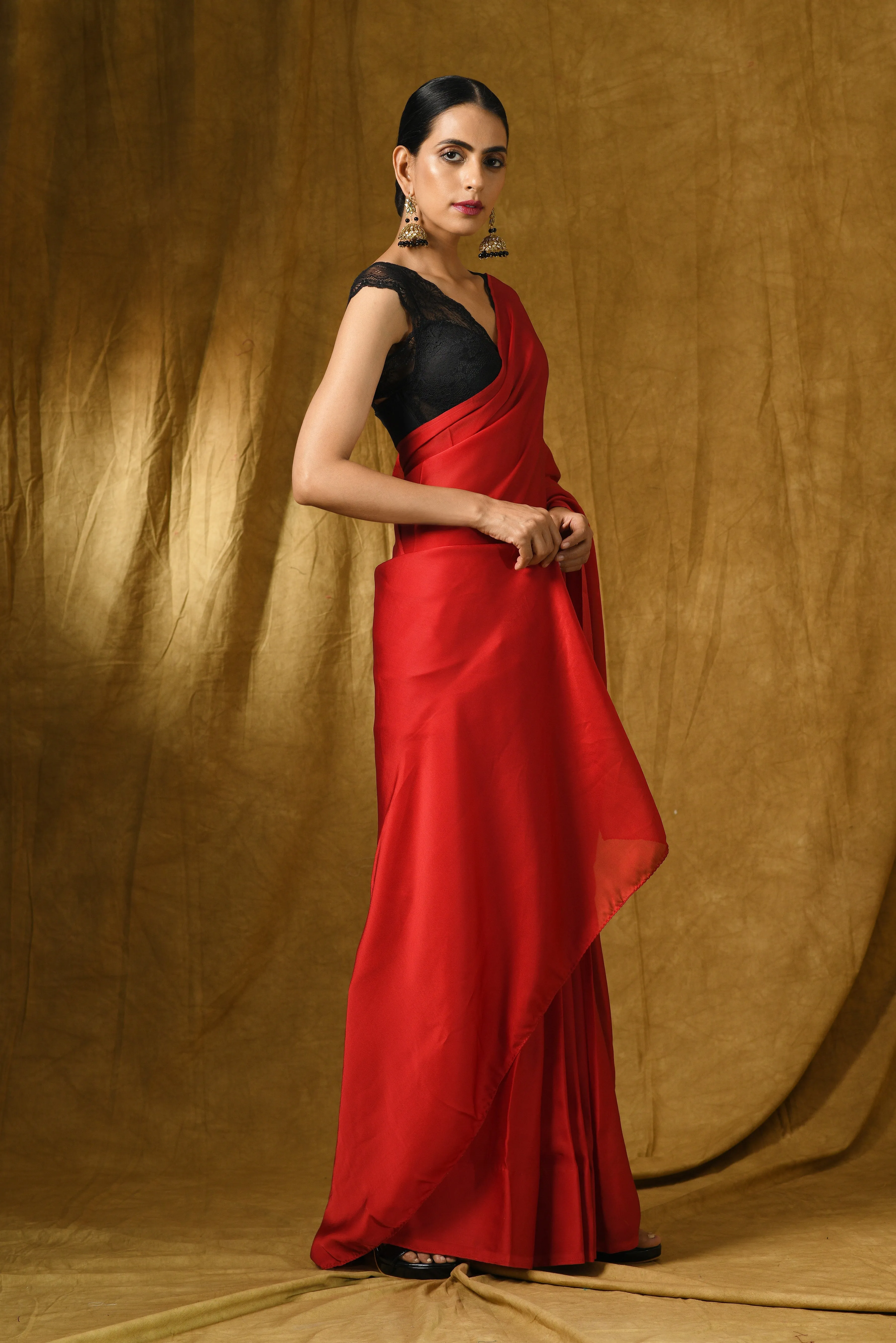Fiery Red Satin Saree with Gold Pendants
