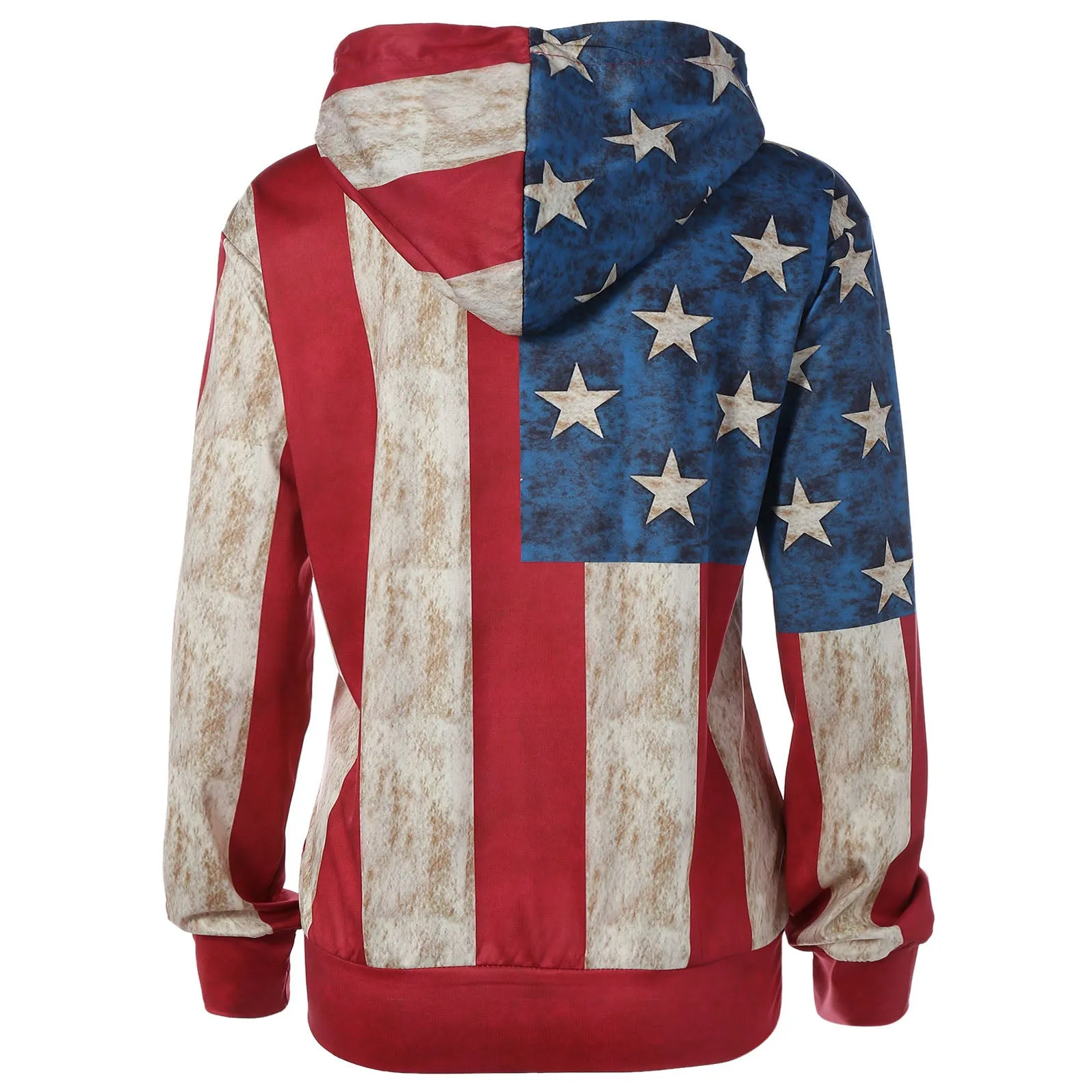 Flag Print Patchwork Pocket Drawstring Hoodie