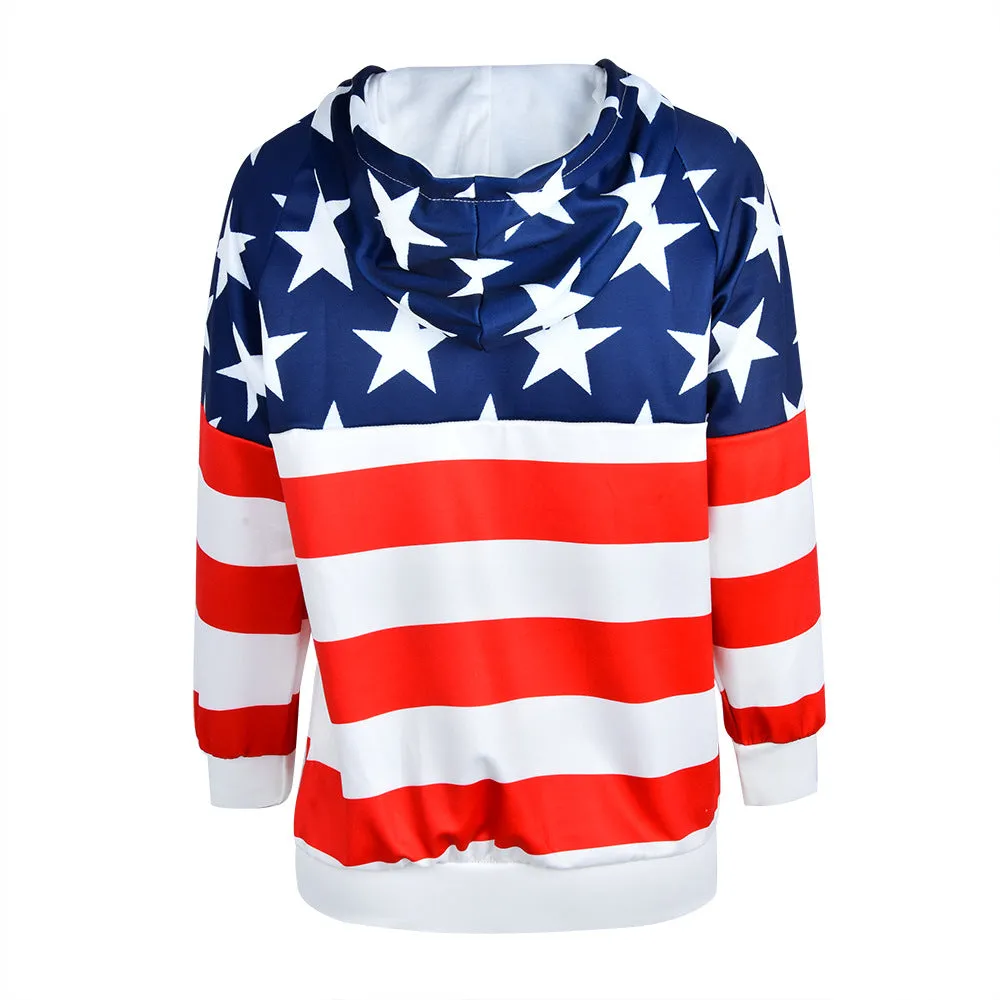 Flag Print Patchwork Pocket Drawstring Hoodie