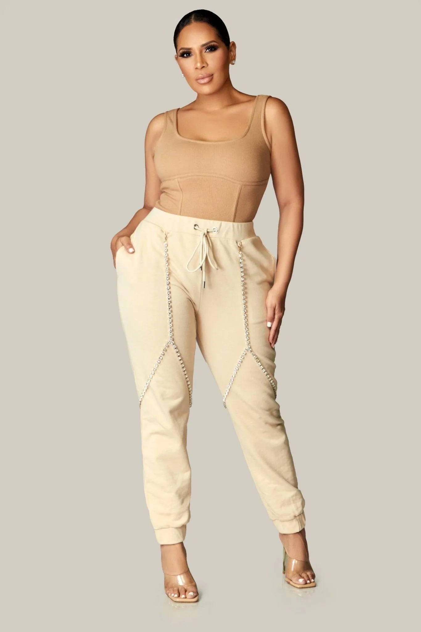 High Rise Rhinestone Chain Detail Cargo SweatPants