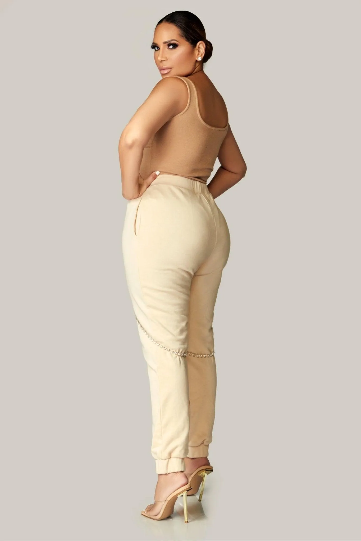 High Rise Rhinestone Chain Detail Cargo SweatPants