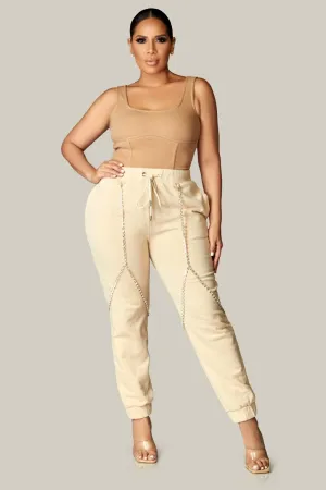 High Rise Rhinestone Chain Detail Cargo SweatPants