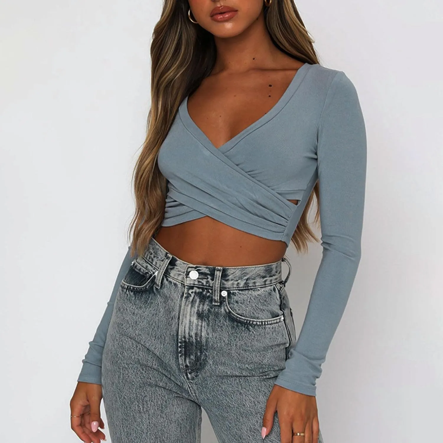 jovati 2024 Fashion Casual T-shirt Women's Cropped Solid Color Long Sleeved V-Neck Top Sexy Elegant Tunic Tops Y2k Clothes