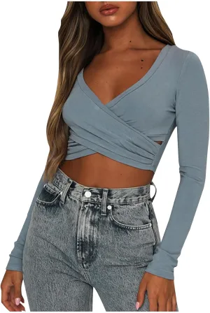jovati 2024 Fashion Casual T-shirt Women's Cropped Solid Color Long Sleeved V-Neck Top Sexy Elegant Tunic Tops Y2k Clothes