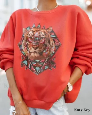 KatyKey - Chic and Comfortable Animal Print Long Sleeve Drop Shoulder Sweatshirt