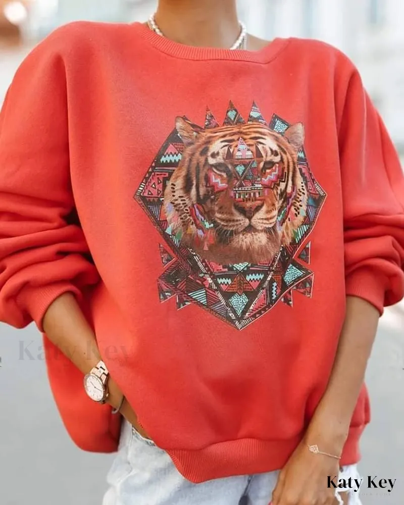 KatyKey - Chic and Comfortable Animal Print Long Sleeve Drop Shoulder Sweatshirt