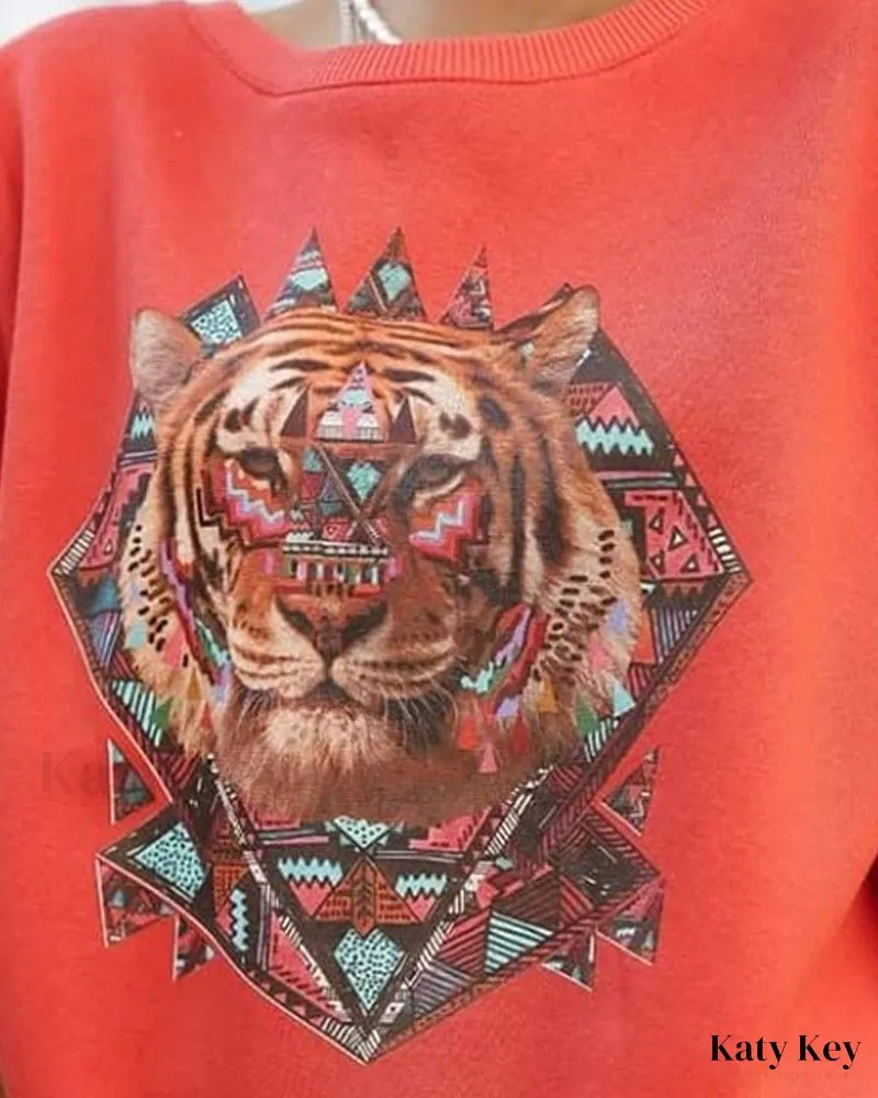 KatyKey - Chic and Comfortable Animal Print Long Sleeve Drop Shoulder Sweatshirt