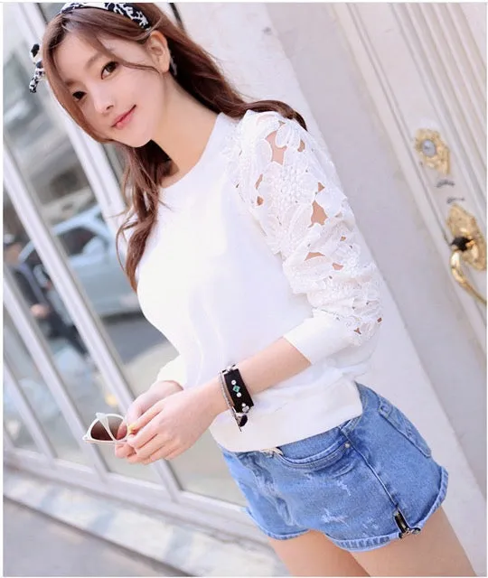 Lace Hollow Out Patchwork Slim Sweatshirt