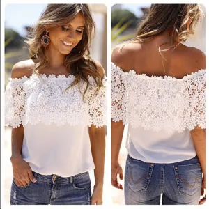 Lace Off-Shoulder Strapless Floral Patchwork T-shirt