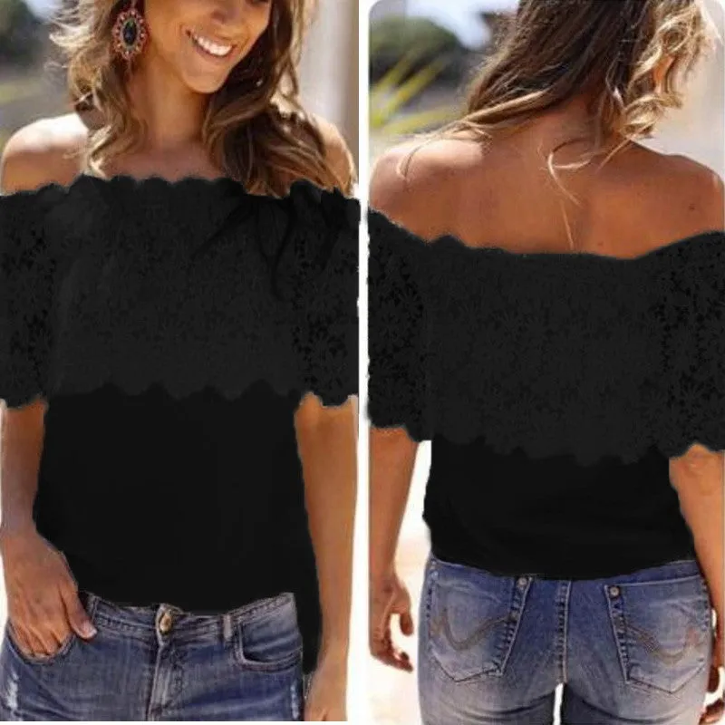 Lace Off-Shoulder Strapless Floral Patchwork T-shirt