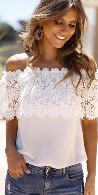 Lace Off-Shoulder Strapless Floral Patchwork T-shirt