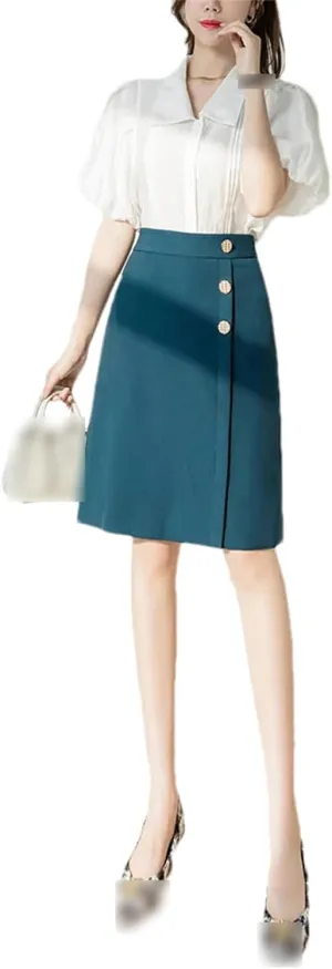 Ladies Elegant A-Line Skirts Summer Solid Color High Waist Women Knee-Length Pencil Skirts