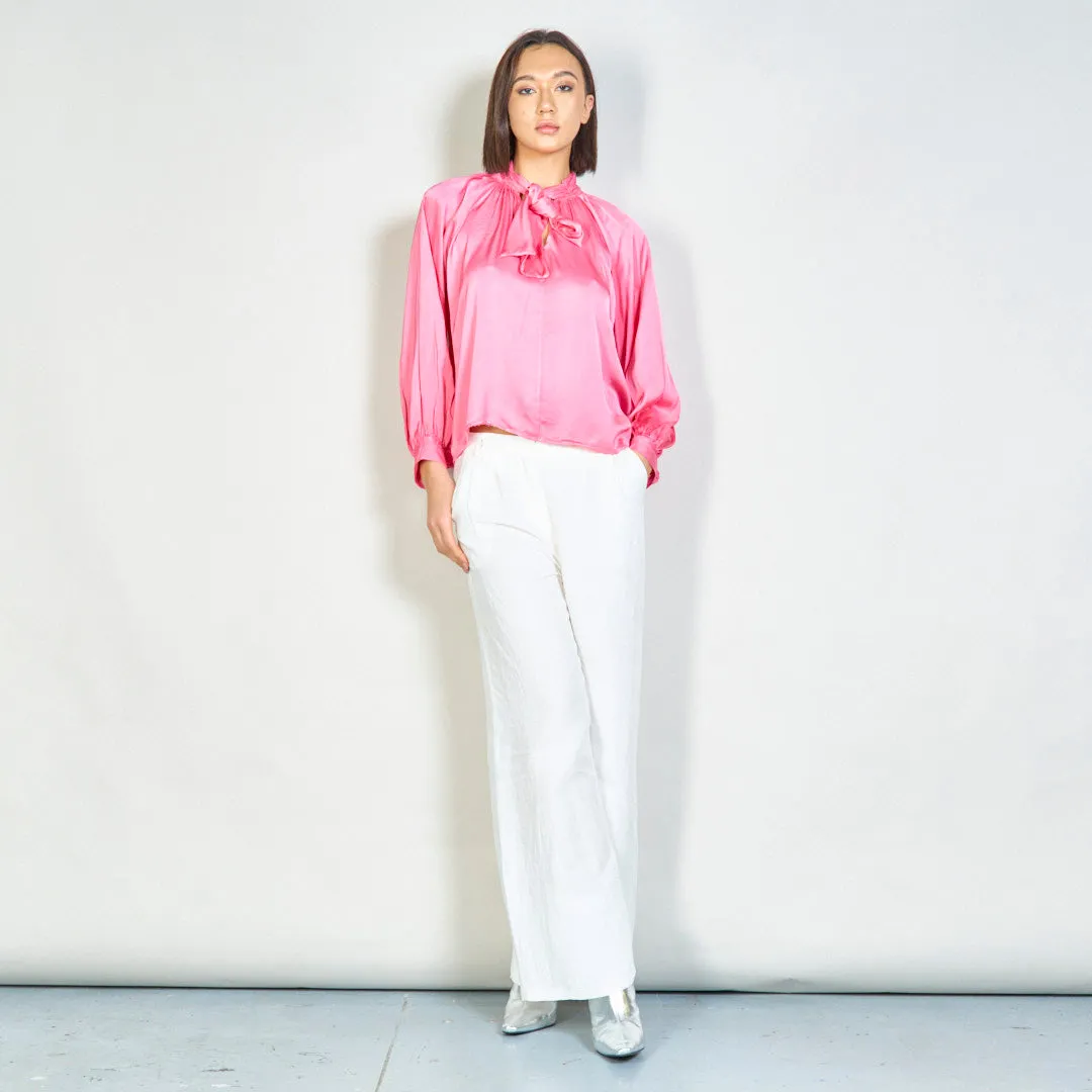 Long-sleeve bow tie silk blouse wholesale