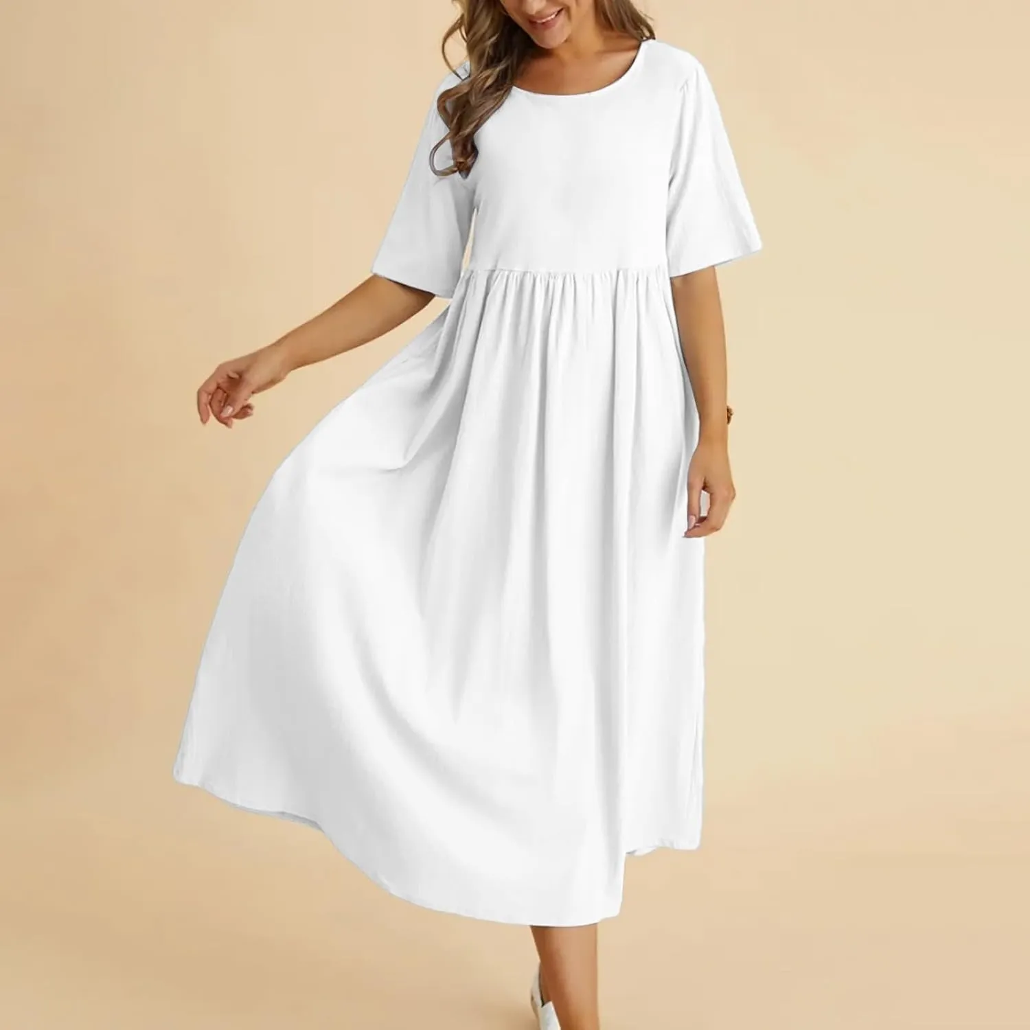 Loose Cotton and Linen Round Neck Five Point Sleeve Midi Dress Large Size Maxi Dress Casual Skirts for Women 2024