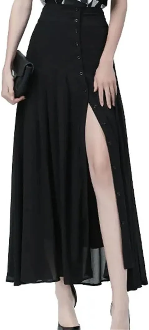 Mid-Length Black Skirt High-Waist Button Slit Mesh Long Skirts for Summer Pleated Skirts
